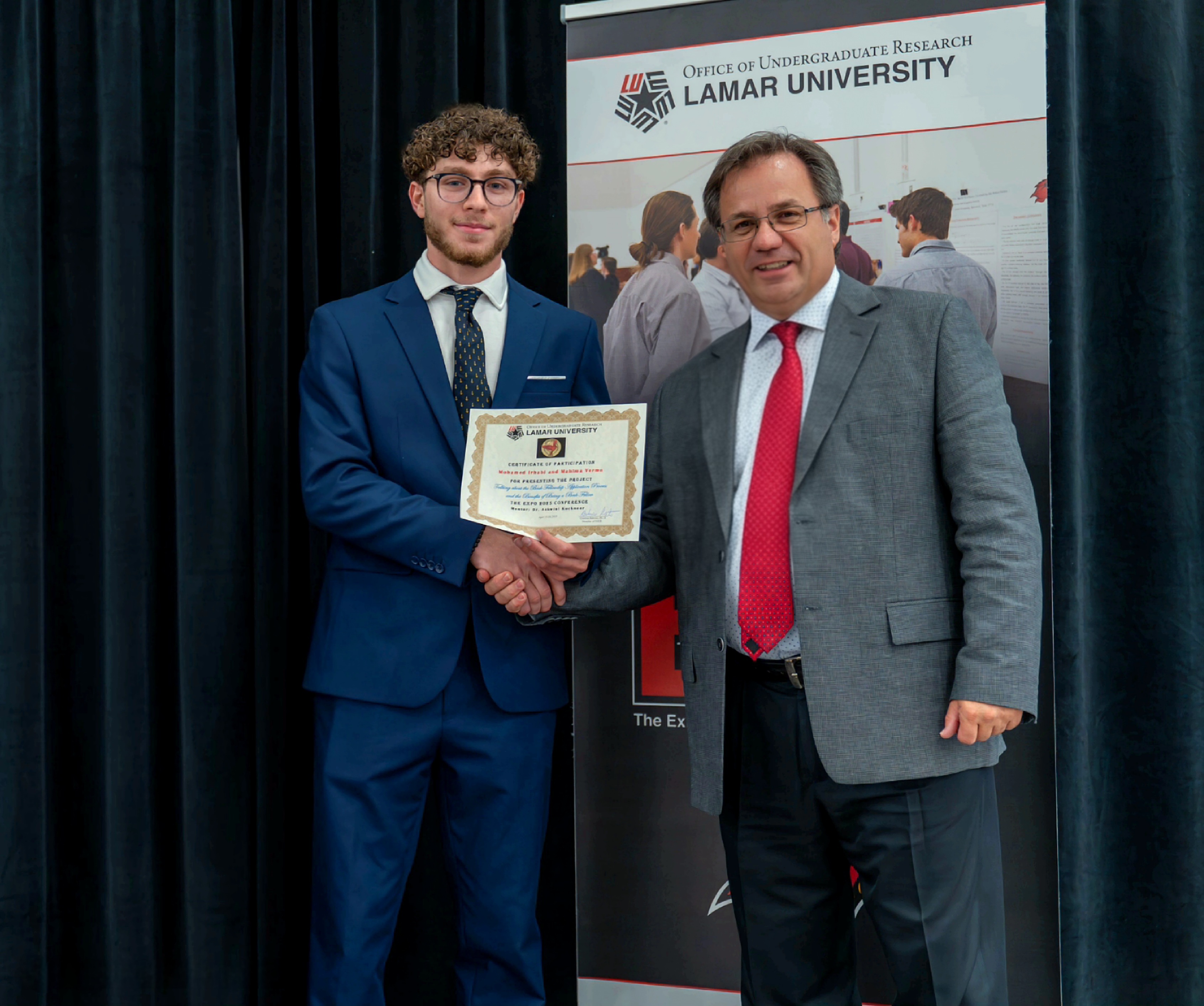 Mohamed Irhabi with  Dr. Bahrim of Lamar University's Office of Undergraduate Research Mohamed Irhabi with  Dr. Bahrim of Lamar University's Office of Undergraduate Research