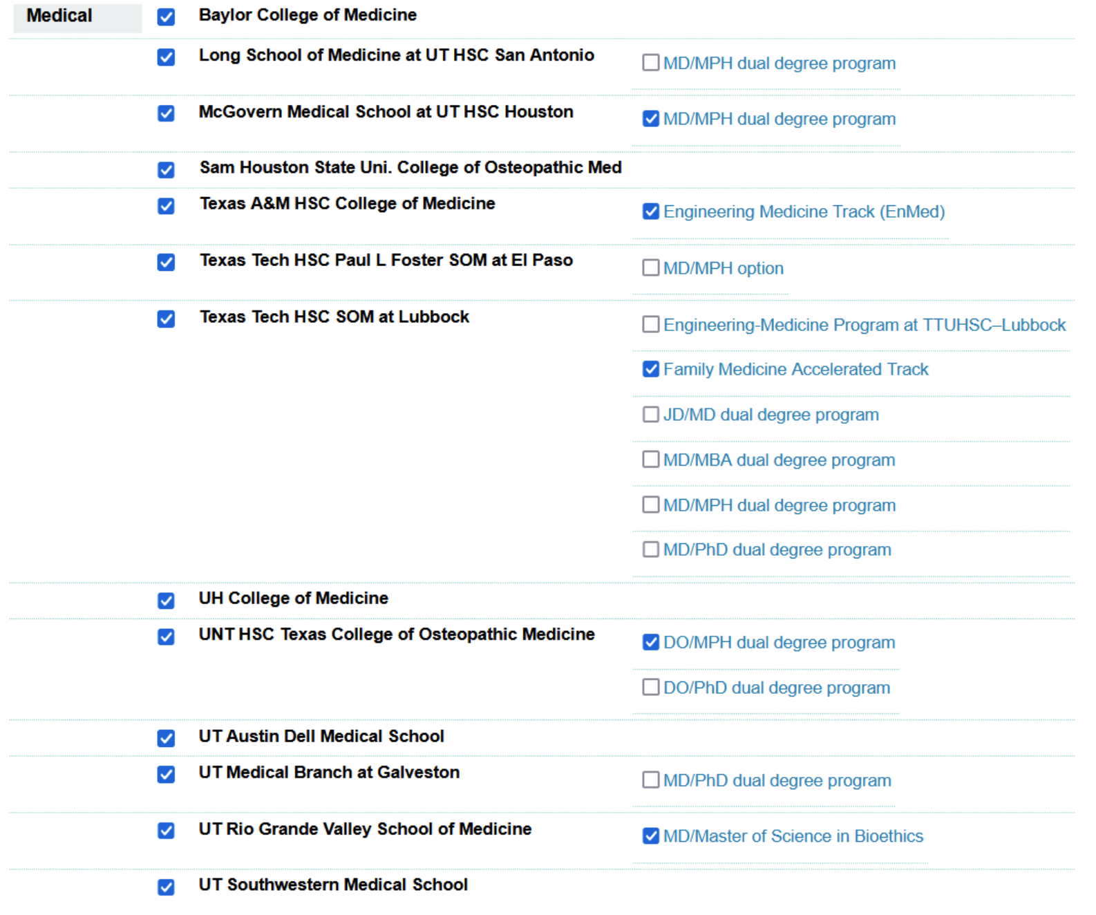 Dual degree programs offered at institutions via TMDSAS are listed on the right-hand side in blue.