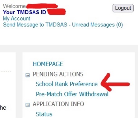 Once you log in, click on the [School Rank Preference] link under [Pending Actions] on the right-hand side of the page. You will only see this link once a school has updated your status to "Interviewed" on their end. 